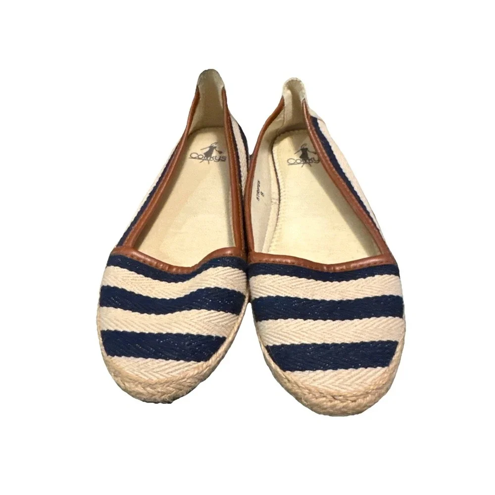 Corkys Corky's Navy Cream Striped Espadrille Flat Loafer Slip Ons Sz 8
